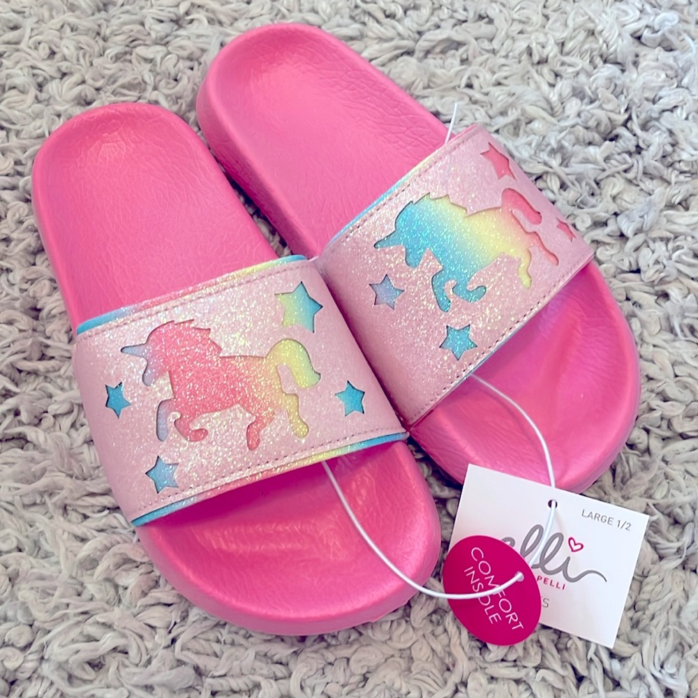 Elli by Capelli Fine Glitter Faux Leather Unicorn  Sandals, Size 1/2